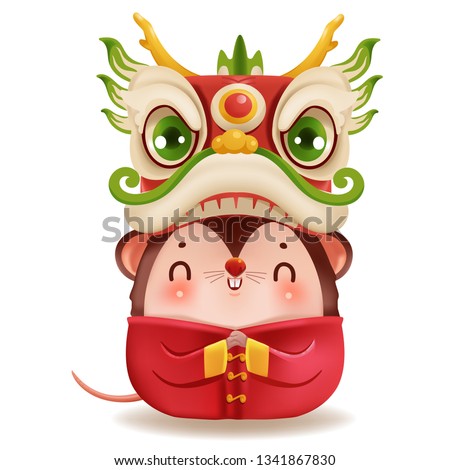 Little rat and dragon dance head. zodiac mice of Animal lucks year 2020 of the rat. Chinese New Year.  Cartoon vector illustration isolated on a white background.