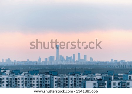 Beijing city skyline at sunset.
