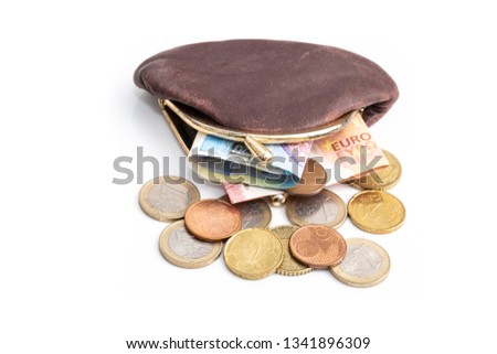 Euro money in purse, picture includes banknotes and coins