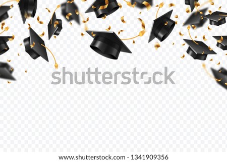 Graduation caps confetti. Flying students hats with golden ribbons isolated. University, college school education vector background Royalty-Free Stock Photo #1341909356