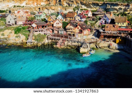 Popeye Village at Anchor Bay, Malta. Colorful place at sunny day