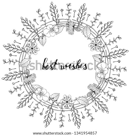 round floral monochrome wreath isolated on white background, best wishes hand lettering