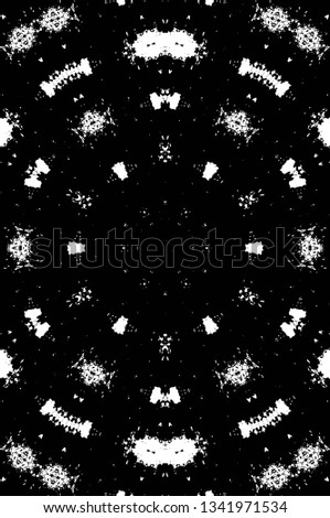 Abstract black and white painted kaleidoscopic background. Futuristic psychedelic hypnotic grunge backdrop pattern with texture. Ethnic floral ornamental mandala. Vintage geometric vector overlay