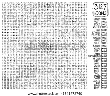 Big collection illustration doodle Vector of school, fruit, sport, weather, love, kitchen, fit, house, coffee, business, arrow, leave, mark, heart, music, party, tool, wedding, soccer, flower, food Royalty-Free Stock Photo #1341972740