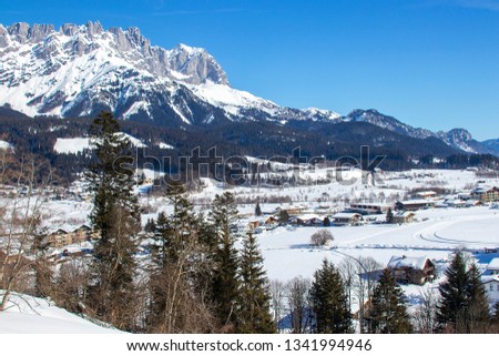 Bird view of Wilder Kaiser mountain and Ellmau Ski resort. Tirol, Alps, Austria, 2019