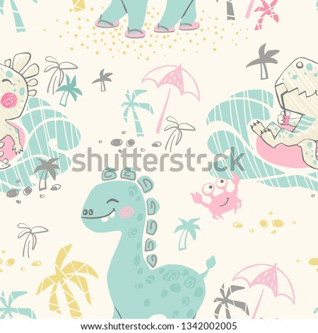 Dinosaur baby seamless pattern. Sweet dino on beach with palm, sea, swim ring. Summer holiday cute print. Cool illustration for nursery t-shirt, kids apparel, baby party invitation. Simple design