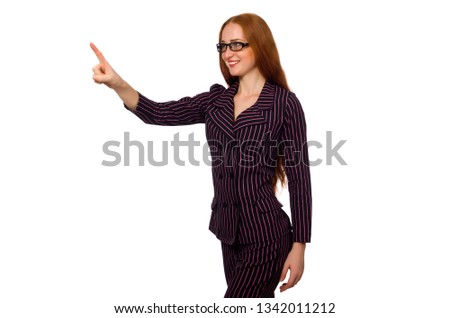 Businesswoman in purple costume isolated on white 
