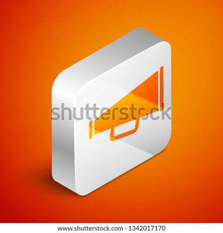 Isometric Megaphone icon isolated on orange background. Silver square button. Vector Illustration