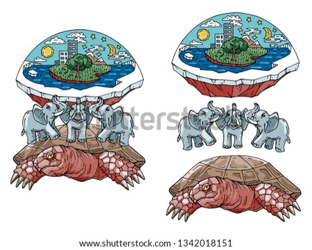 Flat Earth on turtle and elephants. The theory of flat earth. Vector illustration of hand drawing.