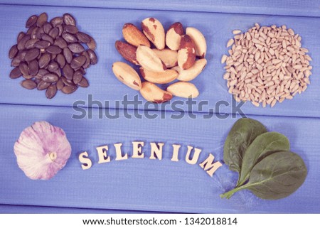 Vintage photo, Natural ingredients or products as source selenium, vitamins, minerals and dietary fiber, healthy nutrition concept