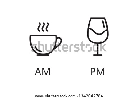 AM and PM icons. Coffee cup and wine glass line icons. Day and night. Vector Royalty-Free Stock Photo #1342042784