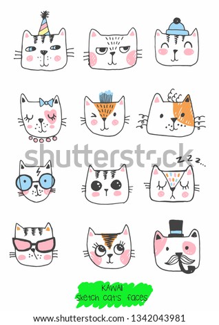 big kawaii set of doodle cute sweet cats, sketch characters, hand drawn, illustration drawn with colored crayons and pen, clipart collection, ct's faces ith different emotions, emoticons, smileys
