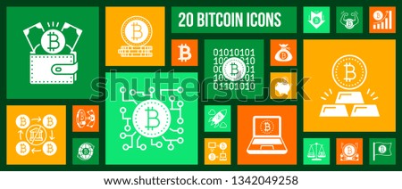Bitcoin silhouette icon set. Isolated web sign kit of crypto currency. Digital Money pictogram collection includes gold bar, money purse, graph up. Simple white contour symbol. Mining vector Icons