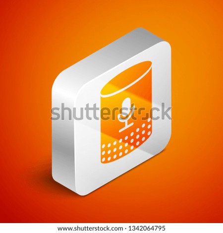 Isometric Voice assistant icon isolated on orange background. Voice control user interface smart speaker. Silver square button. Vector Illustration