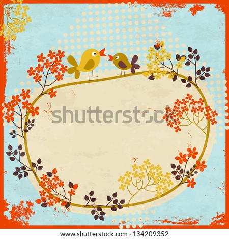Stylish retro floral background with birds. Greeting card template