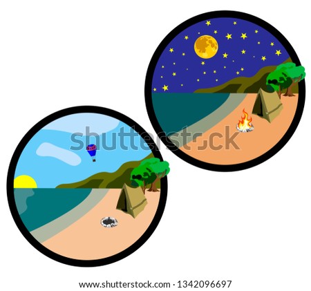 icons which shows the elements of travel day and night with a tent, fire and starry sky. Various elements of sports recreation.