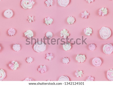 Pink Sweet Pattern Birthday Party Pastel Flat Lay. Dessert Food Cake Seamless Background Top Down View. Fresh Marshmallow Foam Bakery Overhead. Variety Candy Minimal Trendy Color Abstract Background