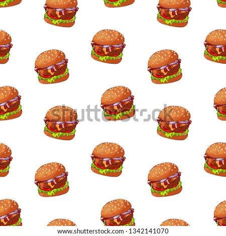Pattern of vector illustrations on the fast food theme: burger. Isolated objects for your design. Each object can be changed and moved.