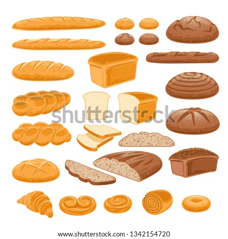 Bread icons set. Vector bakery pastry products - rye, wheat and whole grain bread, french baguette, croissant, bagel, roll, toast bread slices, donut, bun, loaf wicker bun Royalty-Free Stock Photo #1342154720
