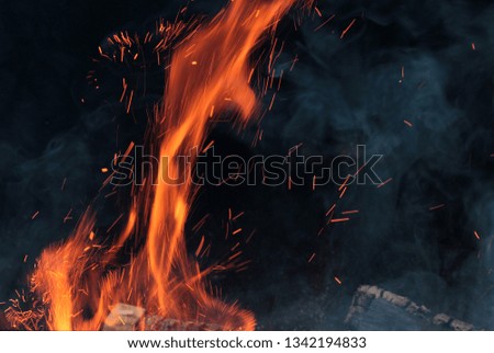 A shot of burning firewood in the fireplace. Close-up. Burning wood for a barbecue. Smoke and sparks. Fire background.