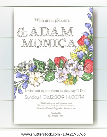 Vector delicate invitation with dandelion,strawberries and bluebells for wedding, marriage, bridal, birthday, Valentine's day. Beautiful flower composition. Hello Summer composition. 