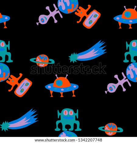 Children Sci-fi Background. Abstract Color Pattern with Aliens, Spaceships, Planets and Stars for Cotton, Print, Textile. Retro Space Kids Pattern with Cute Monsters. Vector Texture.