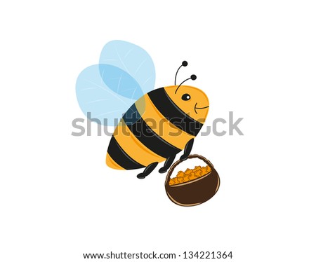 flying bee and basket full of pollen or honey