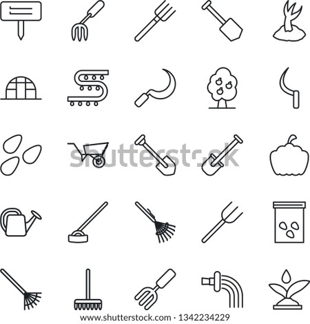 Thin Line Icon Set - job vector, garden fork, shovel, farm, rake, watering can, wheelbarrow, sproute, hoe, sickle, plant label, pumpkin, greenhouse, seeds, drip irrigation, fruit tree