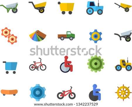 Color flat icon set wheelbarrow flat vector, cogwheel, color scheme, pickup truck, tractor, garden, grocery trolley, disabled, skateboard, bicycle, fector, steering wheel