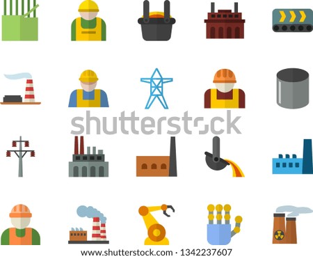 Color flat icon set builder flat vector, factory, power line support, manufactory, plant, conveyor, construction worker, fabric manufacture, pipe production, robotics, metallurgy, robot hand