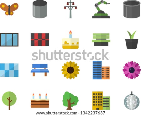 Color flat icon set window flat vector, skyscraper, tile, cake, home plant, tree, flower, butterflies, bench, power line support, pipe production, robotics, disco ball fector