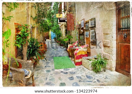 charming streets of greek islands. Crete, retro styled picture