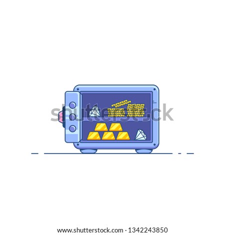 Safe box with money savings isolated on white background. Stacks of coins, diamonds and gold bar. Flat style line art illustration.