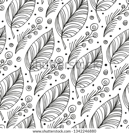Black white seamless pattern with linear stylized leaves and berries