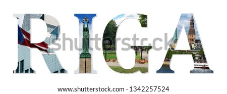 Riga City collage sign. Colorful letters font from landmarks and urban buildings. Travel concept