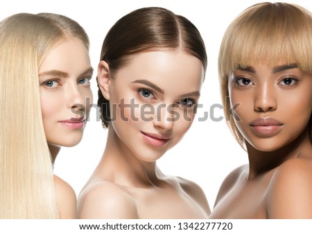 Women different skin tone color and hairstyle ethnic beauty, beautiful different models group isolated on white