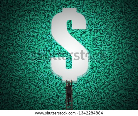 Big data privacy and security information technology concept. Businessman climbing wooden ladder toward blank white dollar sign money symbol hole on mass of green 3d letters and numbers background.
