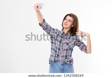 Selfie of nice cute stylish flirty cheerful lovely attractive adorable brunette girl woman with long hair in casual denim shirt, showing two fingers, isolated over white background.