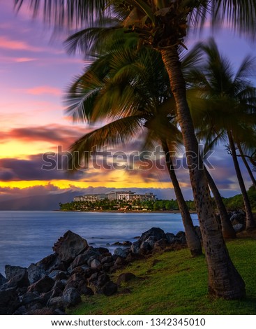 Hawaii resort with palm trees and mountains