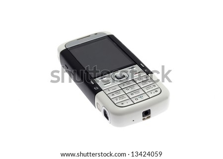 Mobile phone laying on a white background