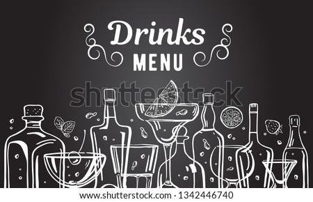 Vector outline hand drawn illustration with alcohol bottles and glasses with drinks on blackboard background. Menu design template Royalty-Free Stock Photo #1342446740