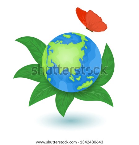 Earth day poster vector illustration. Planet Earth. Green leaves. Red butterfly