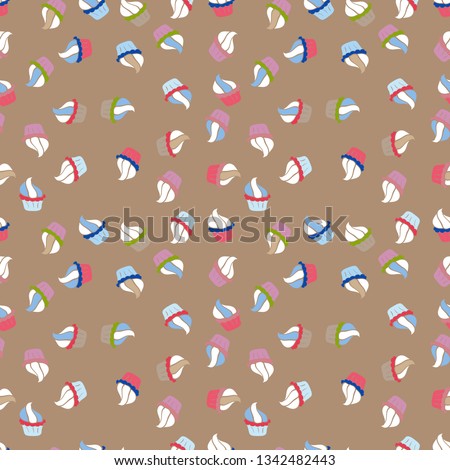 On pink, beige and white. Cakes seamless pattern collection. Vector illustration. Of different types of beautiful modern cakes, such as chocolate cake.