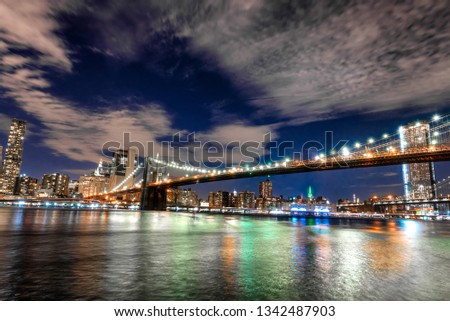 Skyline of Manhattan and Brooklyn bridge, night view.