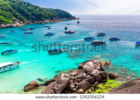 View Point of Similan Islands, beautiful white sand beach and turquoise water of Andaman Sea, Phangnga, Thailand. View of nice tropical beach.Travel summer holiday background concept.