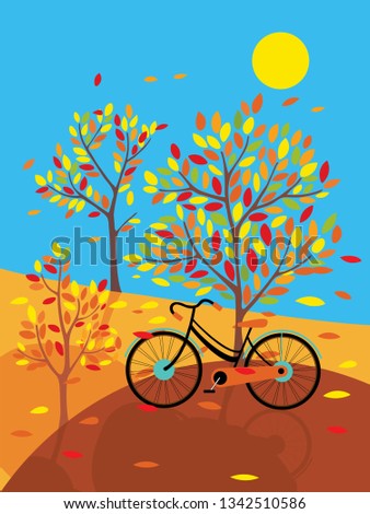 Vector illustration of Autum landscape with leaves falling and vintage bike on sunny day, Vector Autumn field with bicycle under the tree, Autumn or Fall Background for banner and card 