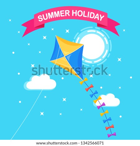 Colorful kite flying in blue sky, sun isolated on background. Summer, spring holiday, toy for child. Vector flat design	