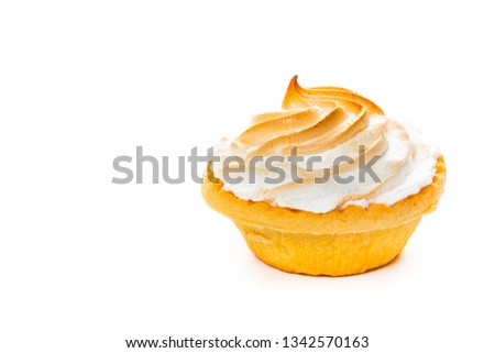 Lemon Meringue Pie. Small Lemon Meringue Pie Dessert Shortcrust Pastry with Lemon Custard Filling and Fluffy Meringue Topping Isolated on a white background. Selective focus.