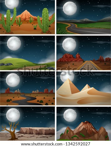 Set of nature landscape at night illustration