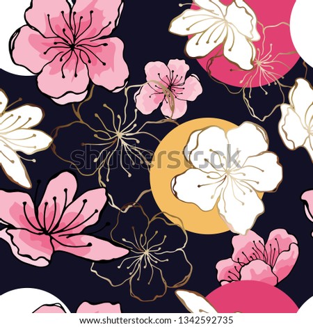 White, pink, gold cherry flowers in oriental style. Seamless background, vector hand drawn illustration on a dark background.
